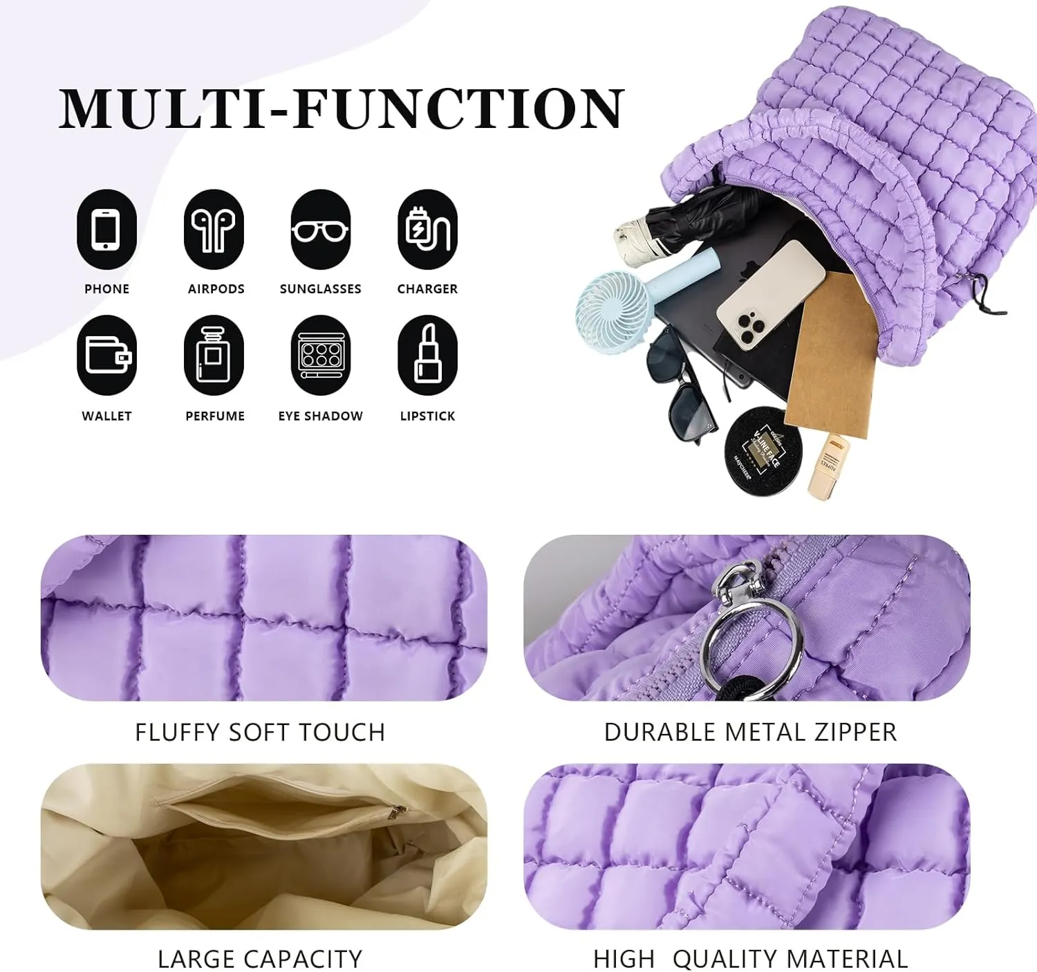 Quilted Puffer Tote Bag Large Crossbody Shoulder Bag with Zipper, Nylon Bubble Hobo Handbag Carryall Bag for Women