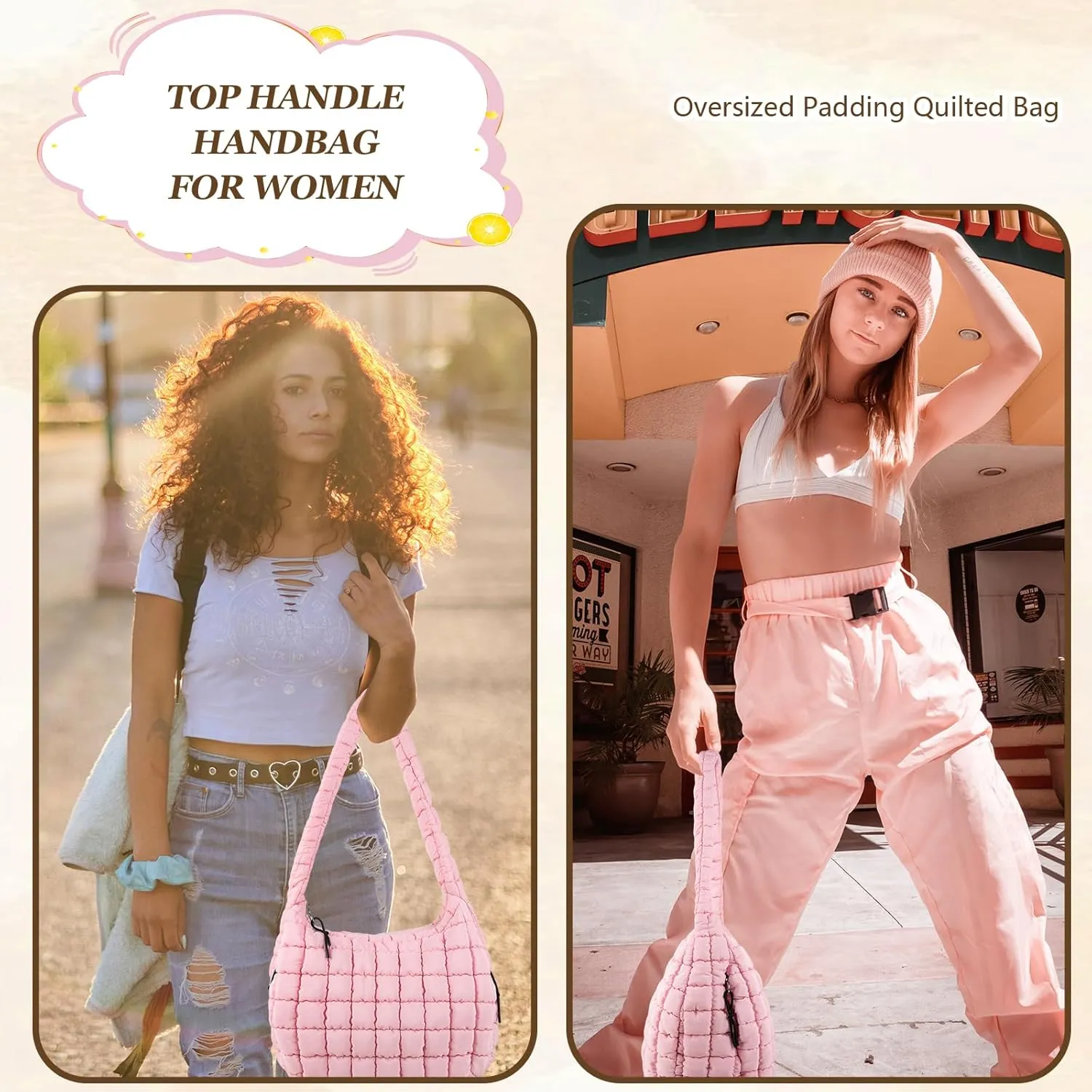 Quilted Puffer Tote Bag Large Crossbody Shoulder Bag with Zipper, Nylon Bubble Hobo Handbag Carryall Bag for Women