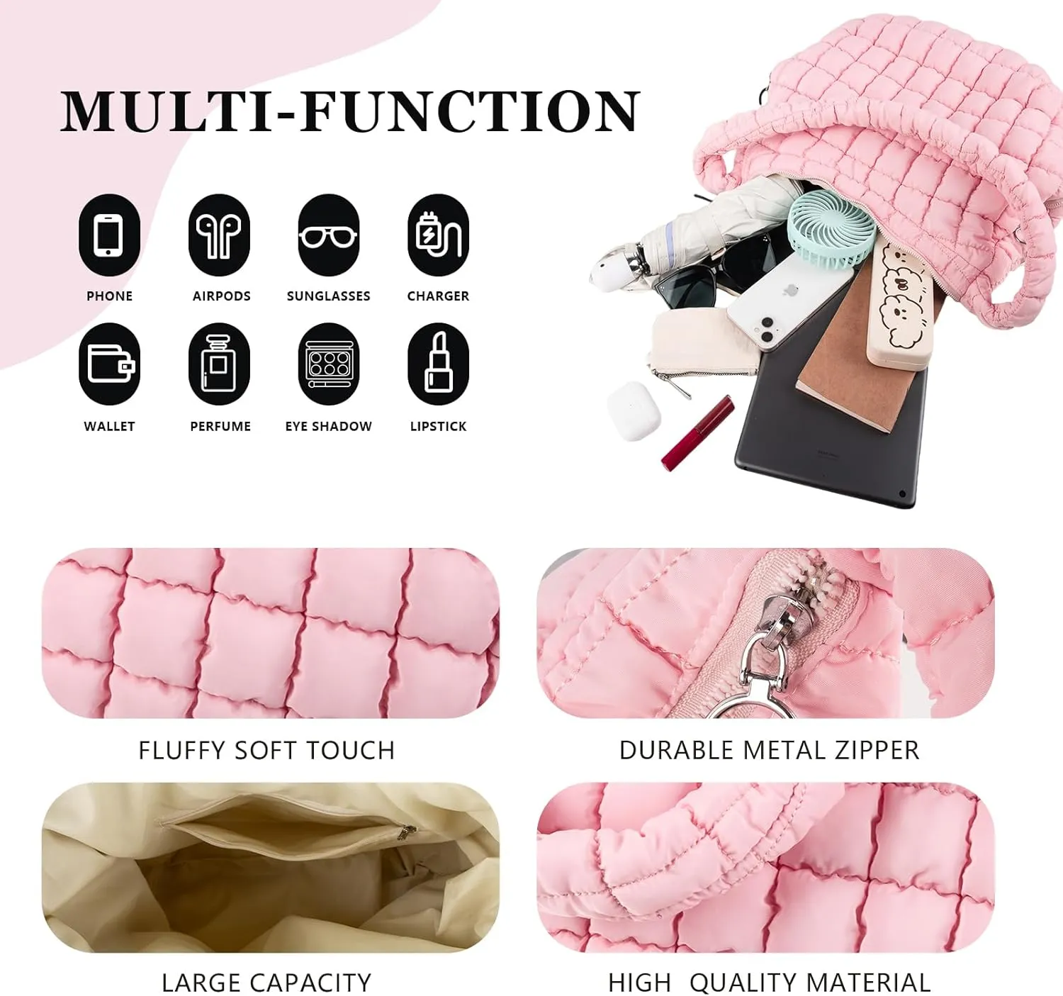 Quilted Puffer Tote Bag Large Crossbody Shoulder Bag with Zipper, Nylon Bubble Hobo Handbag Carryall Bag for Women