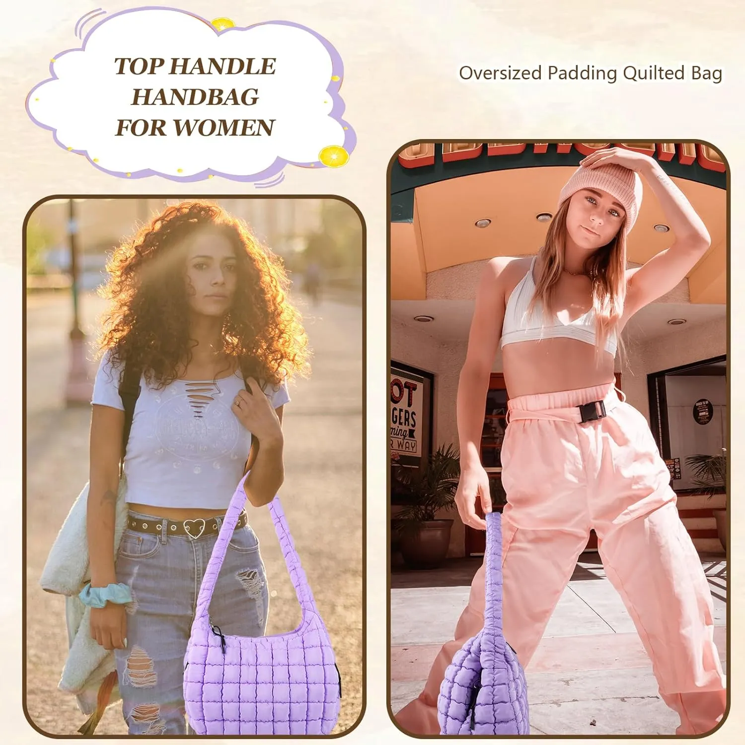 Quilted Puffer Tote Bag Large Crossbody Shoulder Bag with Zipper, Nylon Bubble Hobo Handbag Carryall Bag for Women