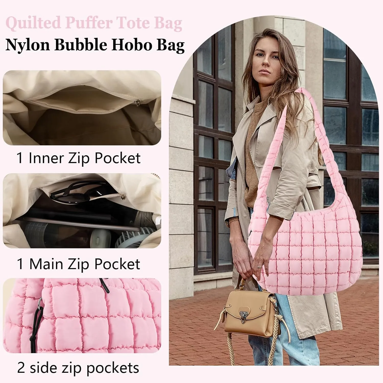 Quilted Puffer Tote Bag Large Crossbody Shoulder Bag with Zipper, Nylon Bubble Hobo Handbag Carryall Bag for Women