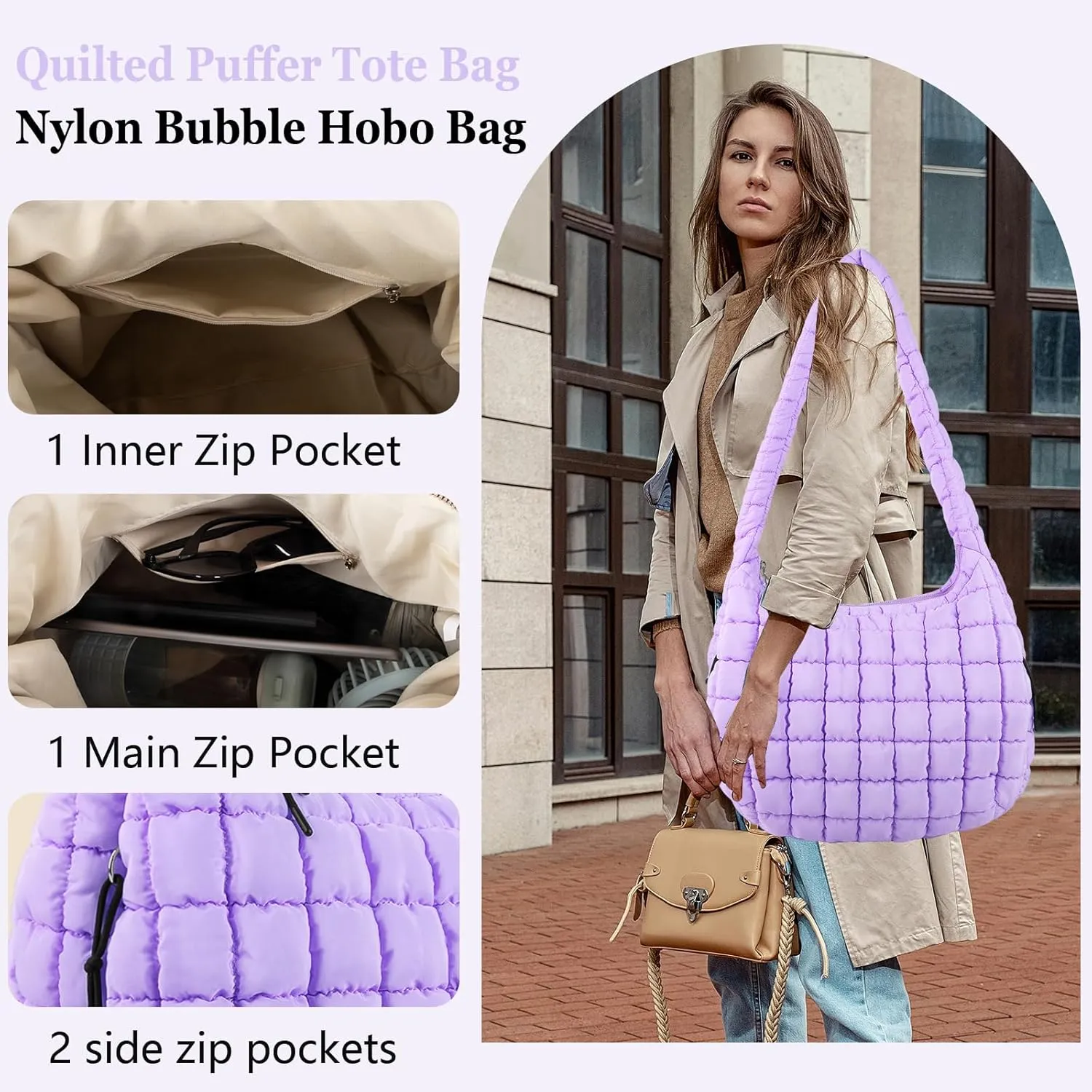 Quilted Puffer Tote Bag Large Crossbody Shoulder Bag with Zipper, Nylon Bubble Hobo Handbag Carryall Bag for Women
