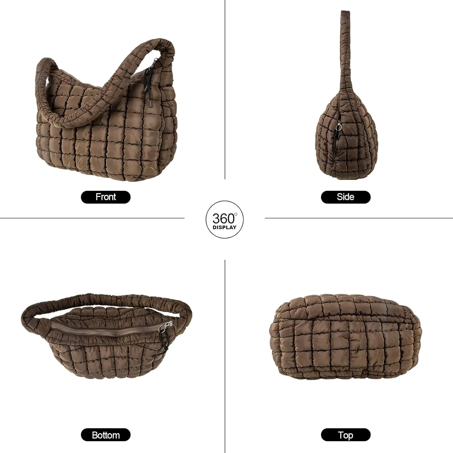 Quilted Puffer Tote Bag Large Crossbody Shoulder Bag with Zipper, Nylon Bubble Hobo Handbag Carryall Bag for Women