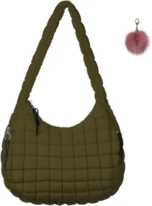Quilted Tote Bag for Women,Large Nylon Crossbody Bag,Trendy Hobo Handbag,Lightweight Padding Shoulder Bag