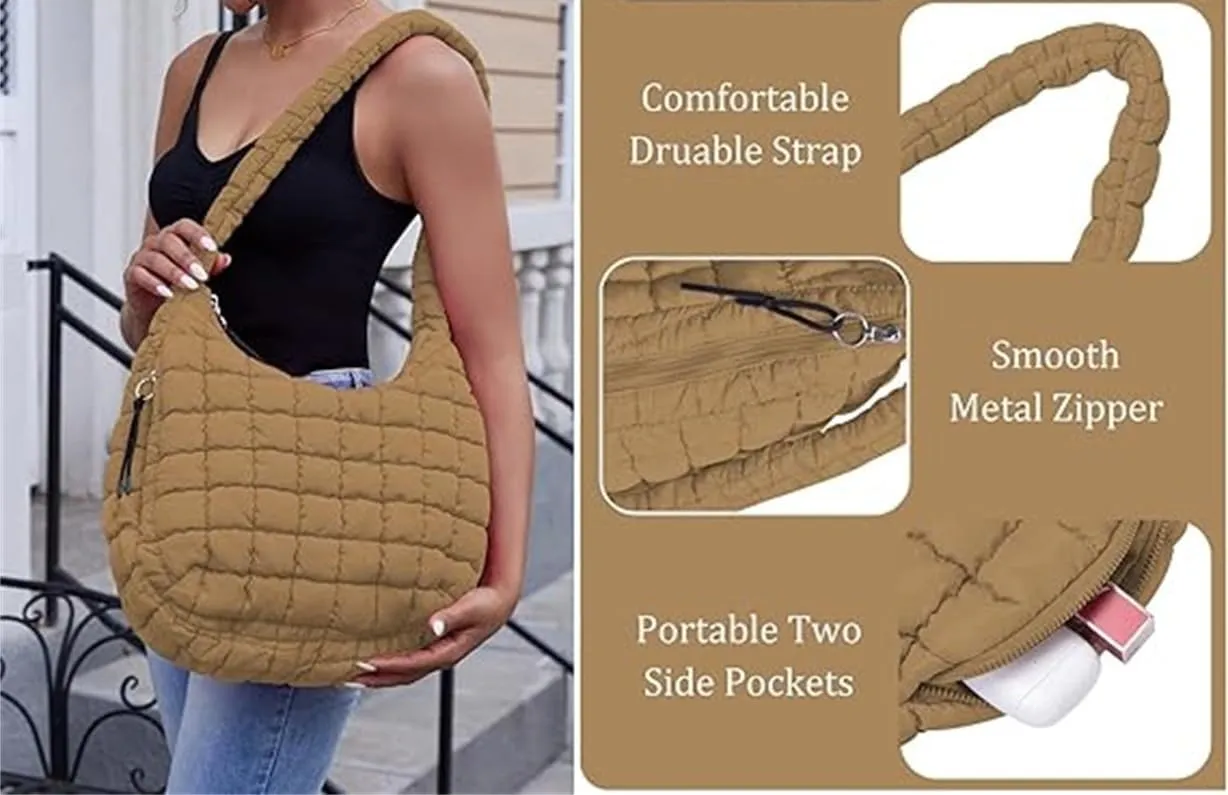 Quilted Tote Bag for Women,Large Nylon Crossbody Bag,Trendy Hobo Handbag,Lightweight Padding Shoulder Bag