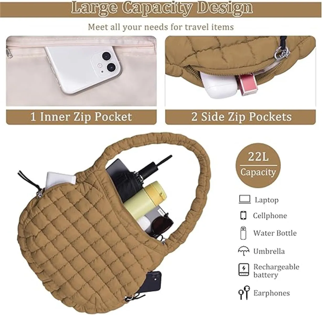 Quilted Tote Bag for Women,Large Nylon Crossbody Bag,Trendy Hobo Handbag,Lightweight Padding Shoulder Bag