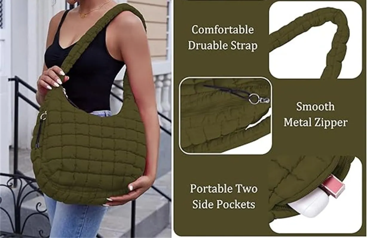 Quilted Tote Bag for Women,Large Nylon Crossbody Bag,Trendy Hobo Handbag,Lightweight Padding Shoulder Bag