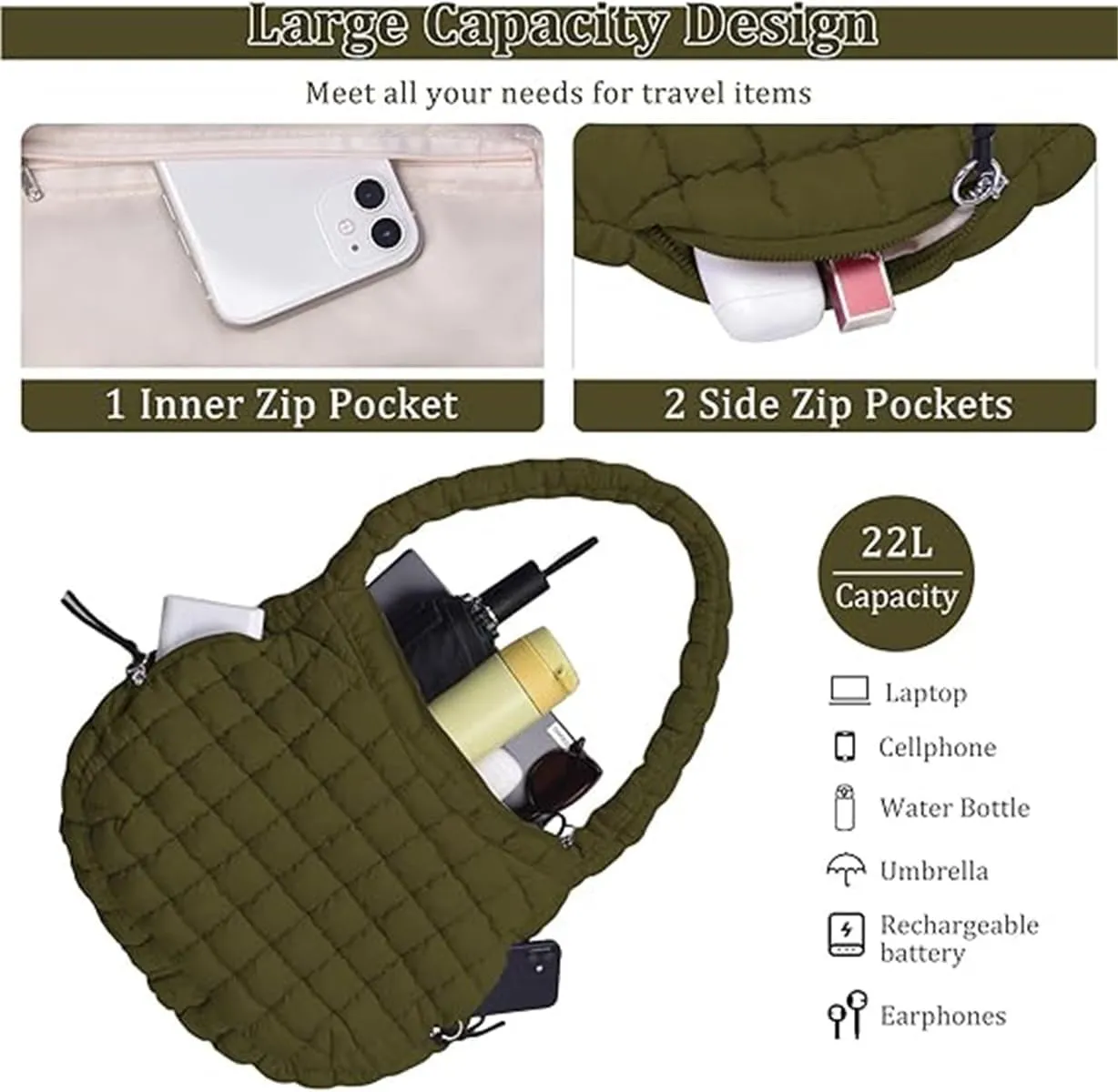 Quilted Tote Bag for Women,Large Nylon Crossbody Bag,Trendy Hobo Handbag,Lightweight Padding Shoulder Bag