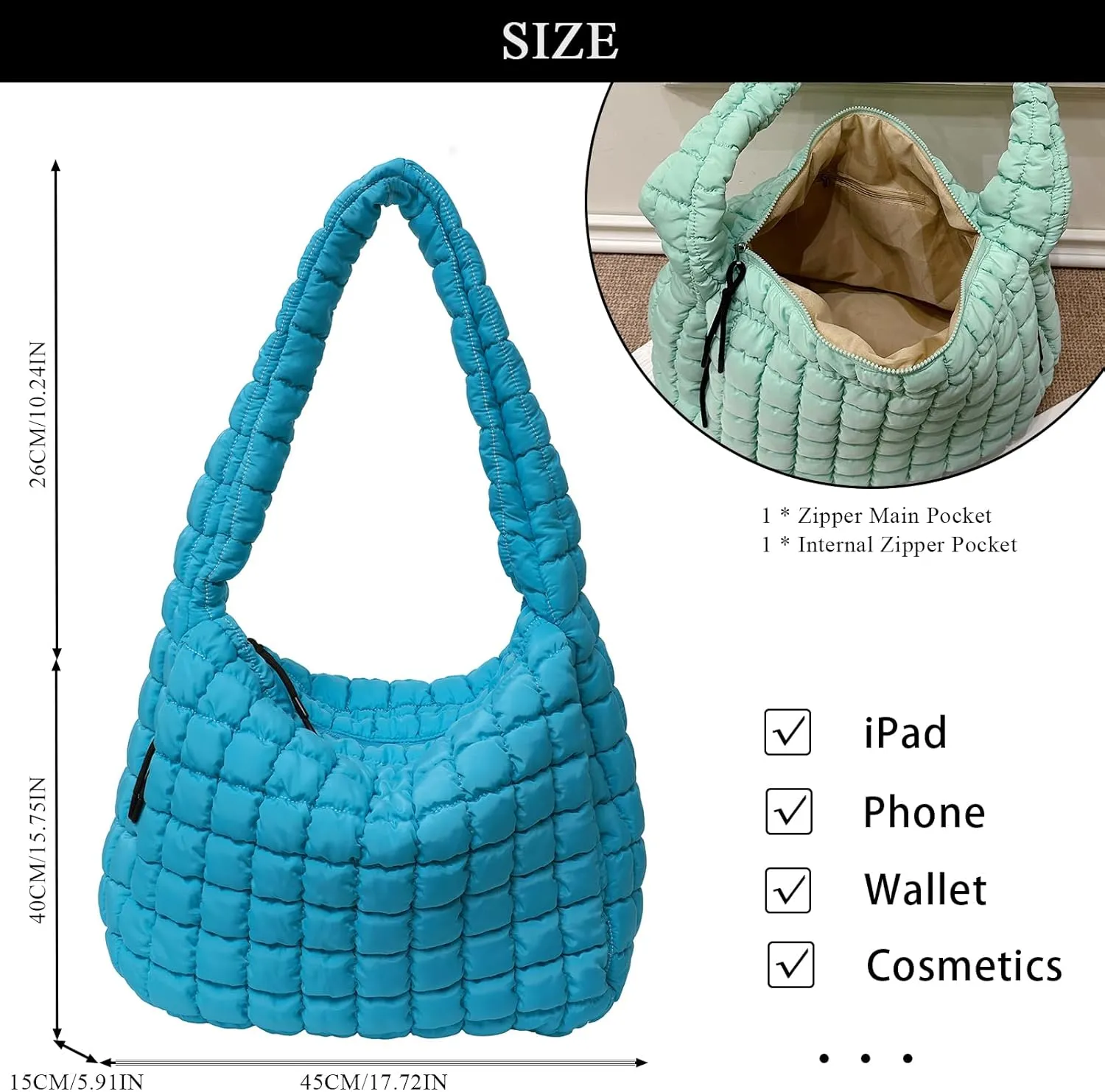 Quilted Tote Bag, Large Lightweight Quilted Bag Puffer Tote Bag Trendy Puffy Purse Hobo Bags for Women