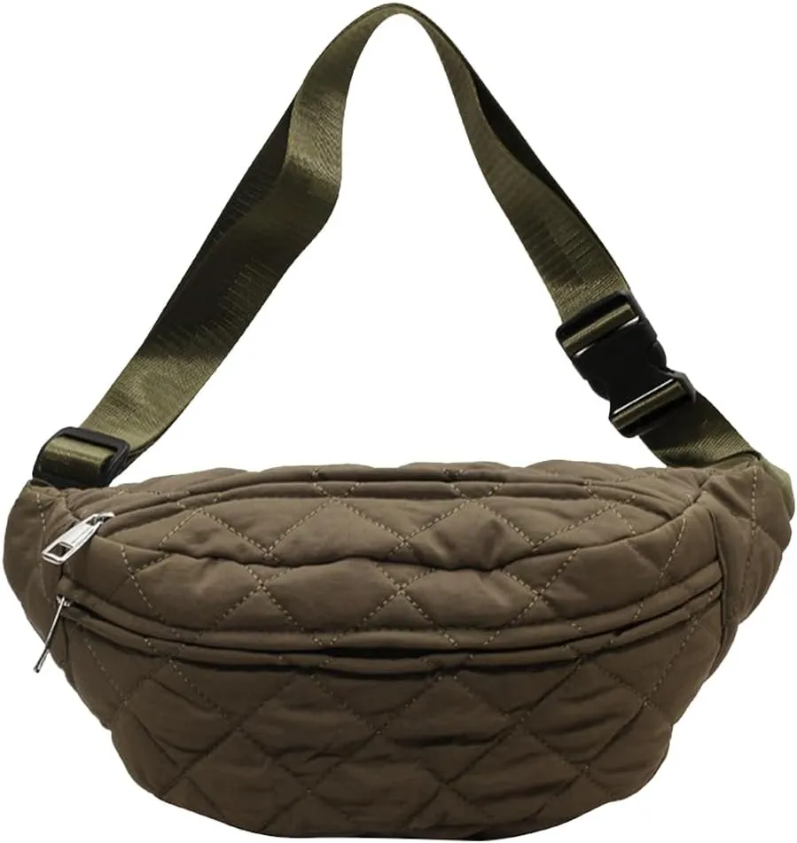 Quilted Waist Bag Stylish Waist Pack Adjustable Strap Trendy Fanny Pack Large Capacity Crossbody Sling Bag Zip Closure Outdoor Travel Bag (Army Green)