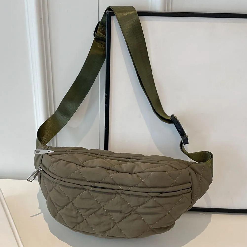Quilted Waist Bag Stylish Waist Pack Adjustable Strap Trendy Fanny Pack Large Capacity Crossbody Sling Bag Zip Closure Outdoor Travel Bag (Army Green)