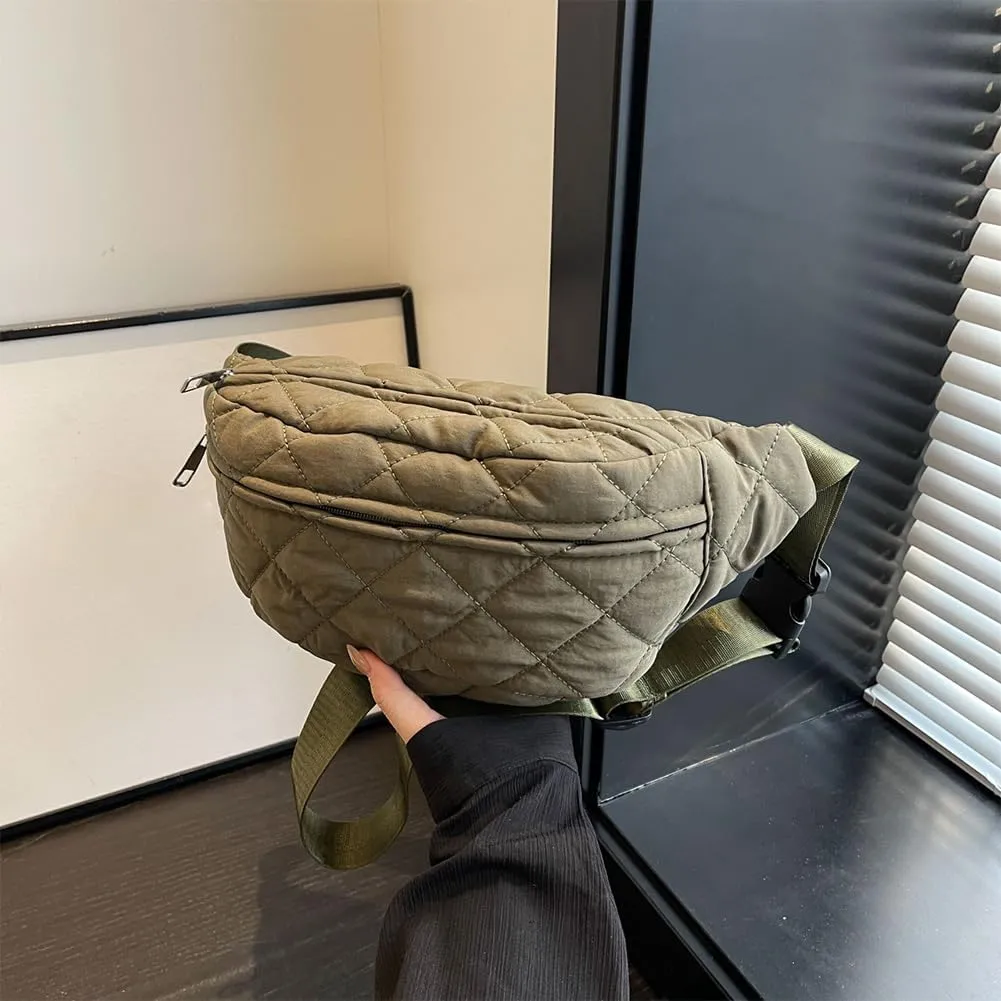 Quilted Waist Bag Stylish Waist Pack Adjustable Strap Trendy Fanny Pack Large Capacity Crossbody Sling Bag Zip Closure Outdoor Travel Bag (Army Green)