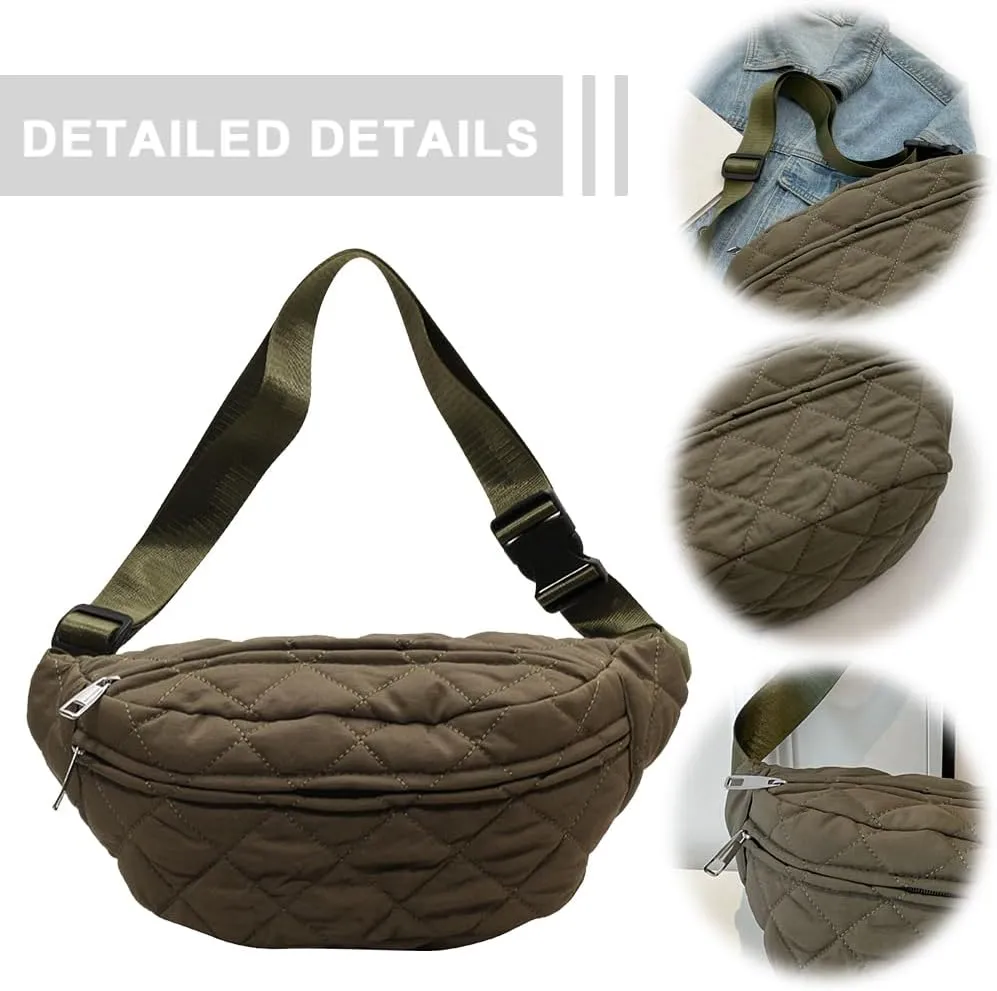 Quilted Waist Bag Stylish Waist Pack Adjustable Strap Trendy Fanny Pack Large Capacity Crossbody Sling Bag Zip Closure Outdoor Travel Bag (Army Green)