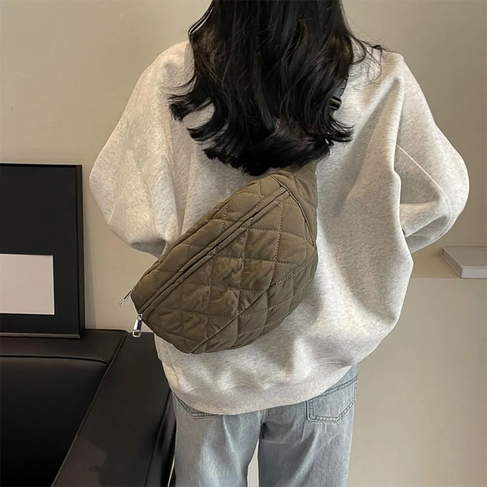 Quilted Waist Bag Stylish Waist Pack Adjustable Strap Trendy Fanny Pack Large Capacity Crossbody Sling Bag Zip Closure Outdoor Travel Bag (Army Green)