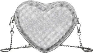 QWINEE Women's Sparkling Heart Shape Purse Novelty Mini Bag Chain Single Strap Evening Crossbody Handbags