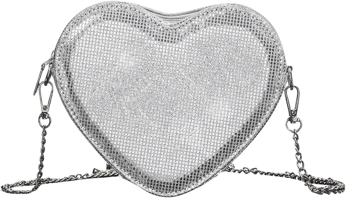 QWINEE Women's Sparkling Heart Shape Purse Novelty Mini Bag Chain Single Strap Evening Crossbody Handbags