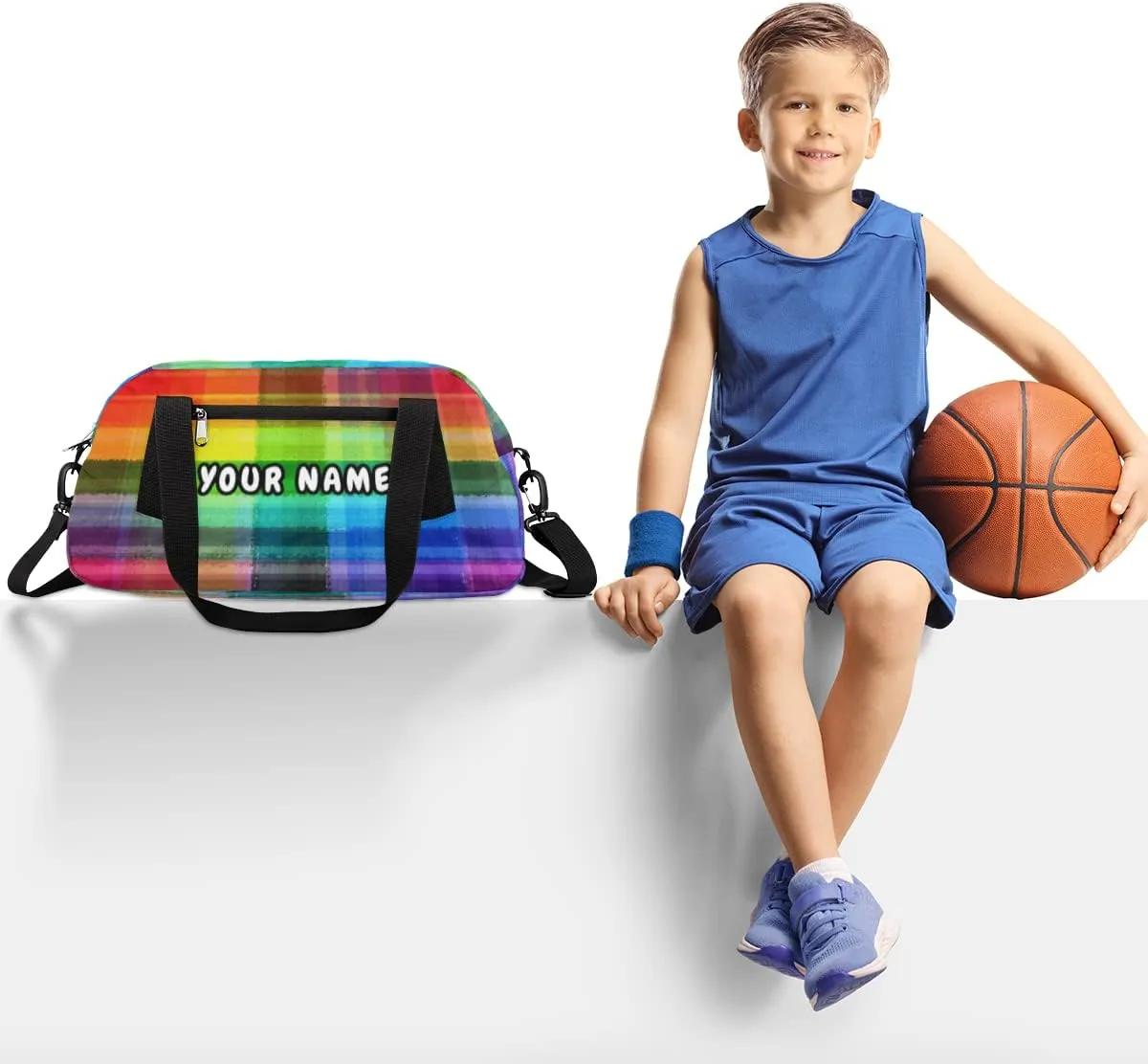 Rainbow Plaid Personalized Kids Duffel Bag for Girls Boys, Rainbow Debris Custom Name Dance Bag Overnight Small Duffel Bag Carry On Weekend Sports Travel Bag for School Practice Gymnastics Ballet