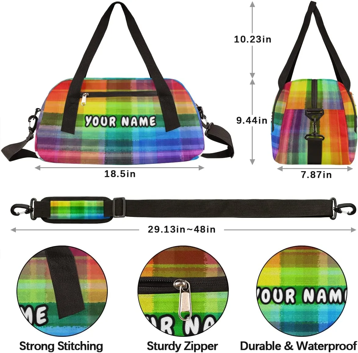 Rainbow Plaid Personalized Kids Duffel Bag for Girls Boys, Rainbow Debris Custom Name Dance Bag Overnight Small Duffel Bag Carry On Weekend Sports Travel Bag for School Practice Gymnastics Ballet