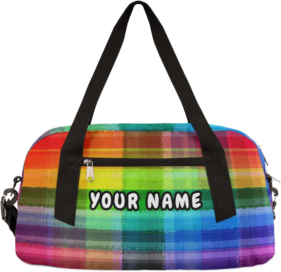 Rainbow Plaid Personalized Kids Duffel Bag for Girls Boys, Rainbow Debris Custom Name Dance Bag Overnight Small Duffel Bag Carry On Weekend Sports Travel Bag for School Practice Gymnastics Ballet