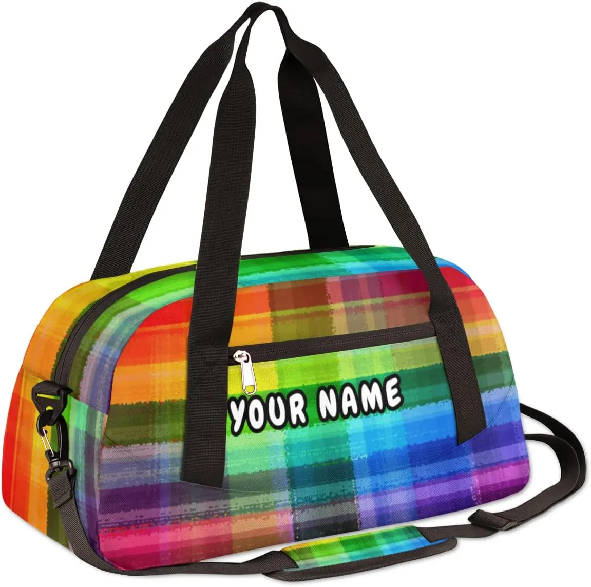 Rainbow Plaid Personalized Kids Duffel Bag for Girls Boys, Rainbow Debris Custom Name Dance Bag Overnight Small Duffel Bag Carry On Weekend Sports Travel Bag for School Practice Gymnastics Ballet