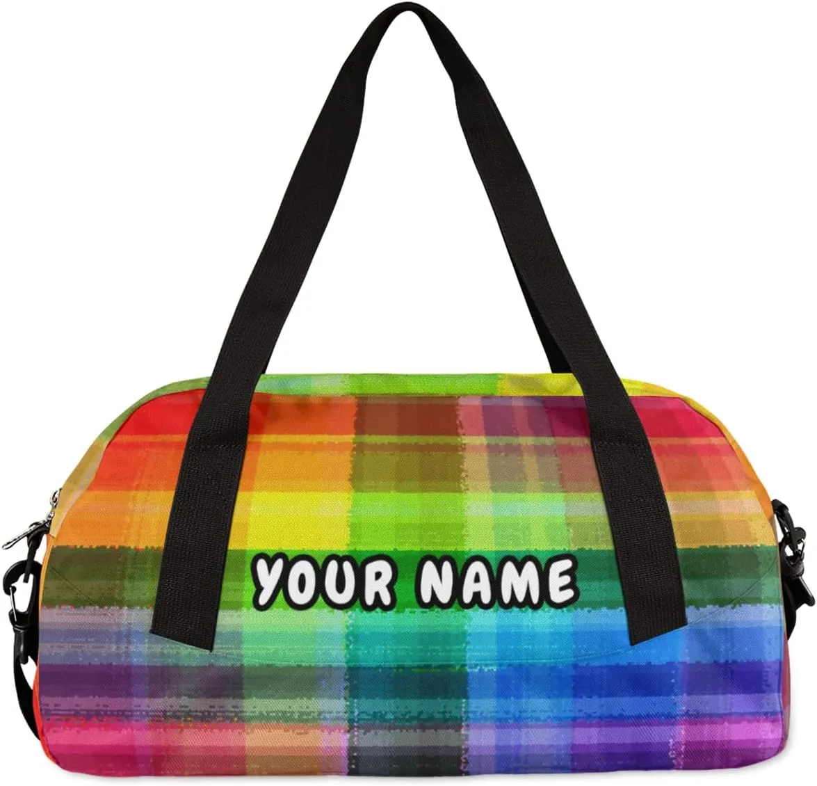 Rainbow Plaid Personalized Kids Duffel Bag for Girls Boys, Rainbow Debris Custom Name Dance Bag Overnight Small Duffel Bag Carry On Weekend Sports Travel Bag for School Practice Gymnastics Ballet