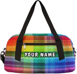 Rainbow Plaid Personalized Kids Duffel Bag for Girls Boys, Rainbow Debris Custom Name Dance Bag Overnight Small Duffel Bag Carry On Weekend Sports Travel Bag for School Practice Gymnastics Ballet