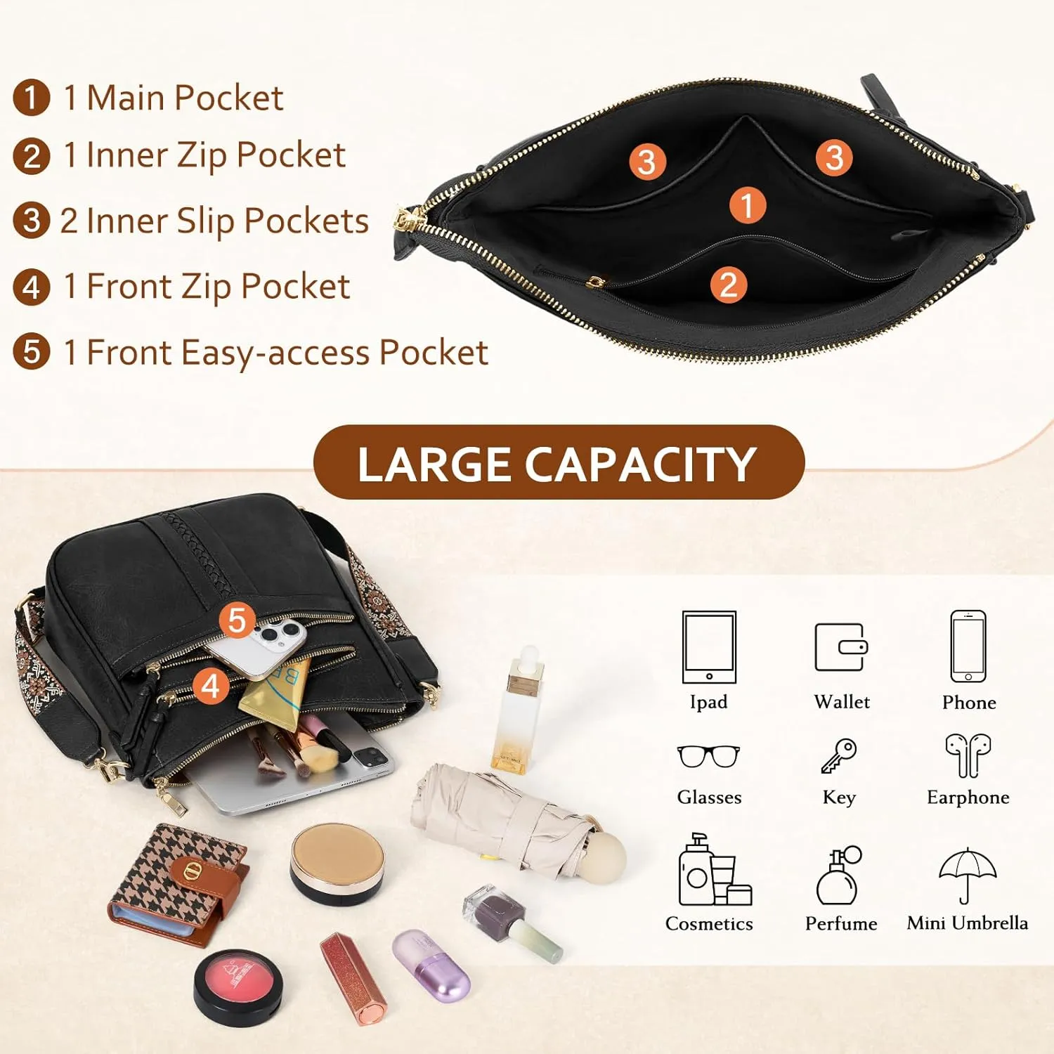 RAINSMORE Crossbody Bags for Women, Trendy Crossbody Purses Soft Leather Shoulder Handbags Lightweight Travel Purse