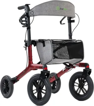 Real Relax All-Terrain Rollator with Seat, Outdoor Off Road Rolling Walker, Compact Folding, with 12” Non-Pneumatic Wheels, Storage Bag, for Seniors, Burgundy