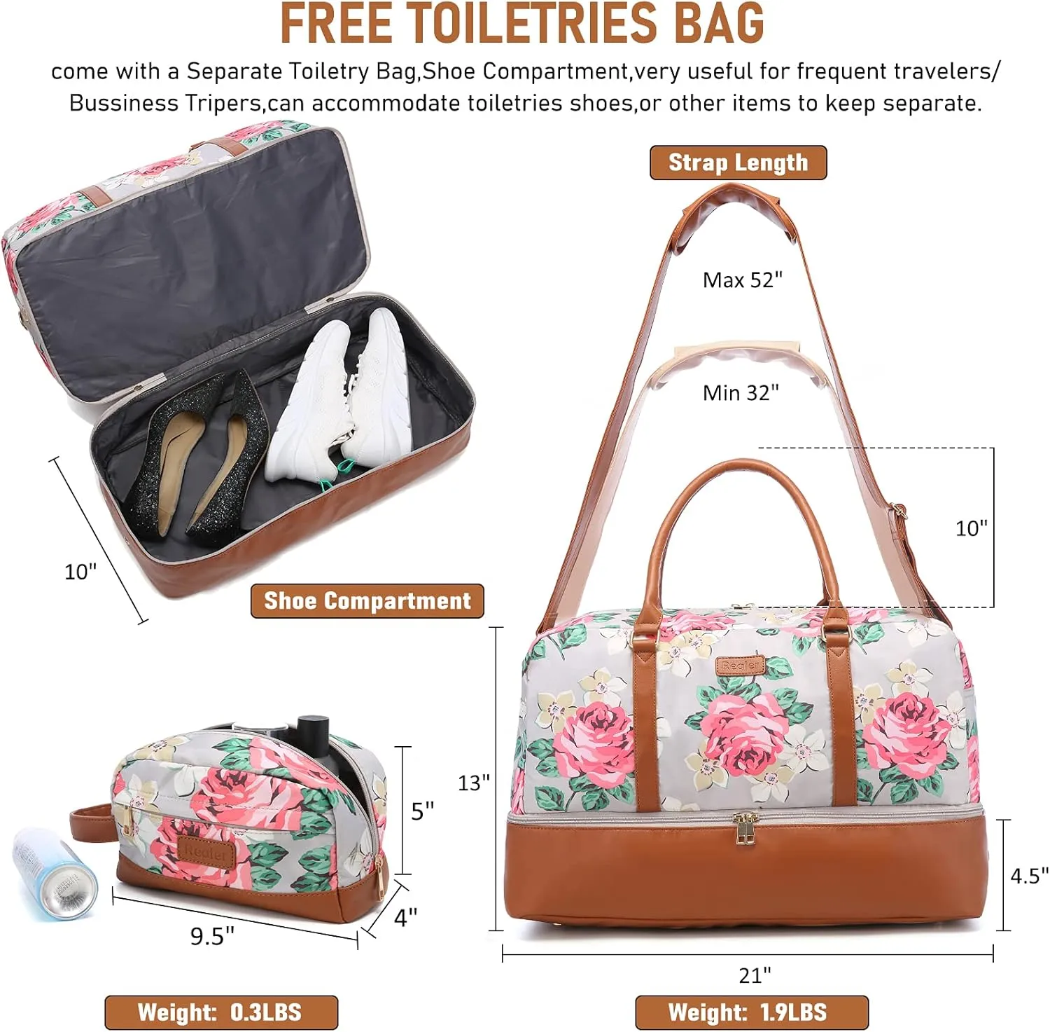 Realer Travel Duffel Bag for Women, Canvas Weekender Bag with Toiletry Bag, Large Carry on Overnight Bag with Shoe Compartment, Mommy Hospital Bags for Labor and Delivery