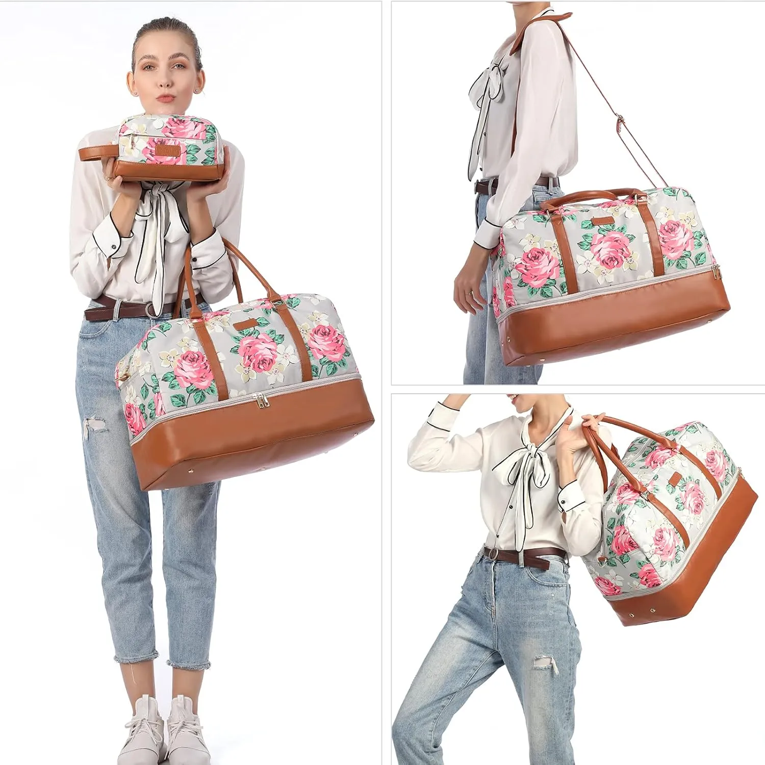 Realer Travel Duffel Bag for Women, Canvas Weekender Bag with Toiletry Bag, Large Carry on Overnight Bag with Shoe Compartment, Mommy Hospital Bags for Labor and Delivery