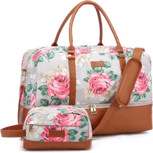 Realer Travel Duffel Bag for Women, Canvas Weekender Bag with Toiletry Bag, Large Carry on Overnight Bag with Shoe Compartment, Mommy Hospital Bags for Labor and Delivery