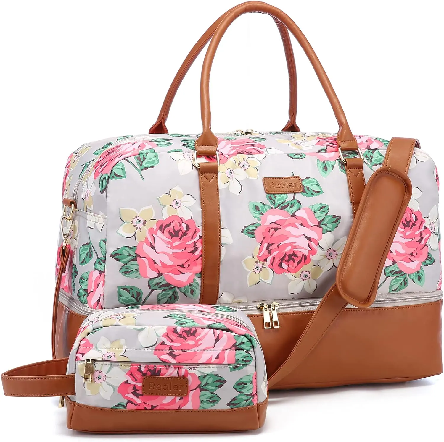 Realer Travel Duffel Bag for Women, Canvas Weekender Bag with Toiletry Bag, Large Carry on Overnight Bag with Shoe Compartment, Mommy Hospital Bags for Labor and Delivery