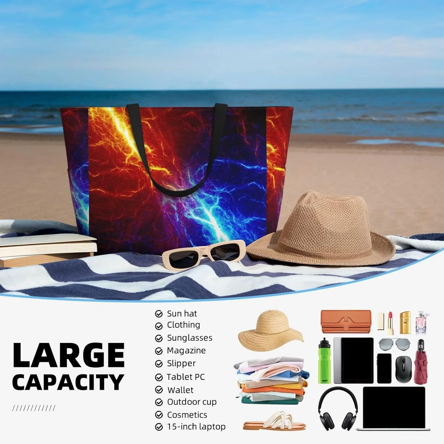 Red Blue Fire Flame Large Capacity Travel Bag Lightweight Shopping Handbag Beach Tote Bags Casual Work Bag For Women