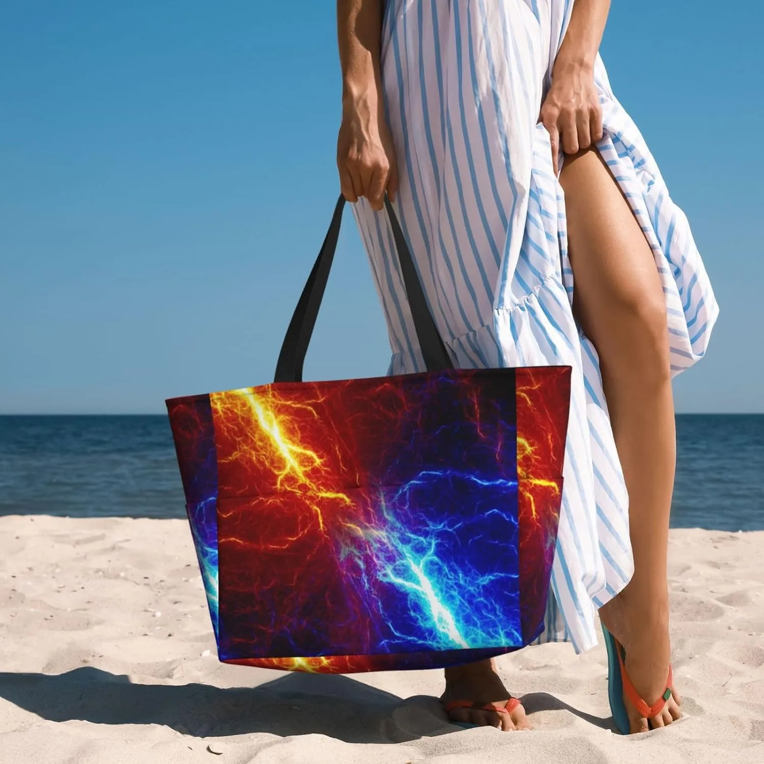Red Blue Fire Flame Large Capacity Travel Bag Lightweight Shopping Handbag Beach Tote Bags Casual Work Bag For Women