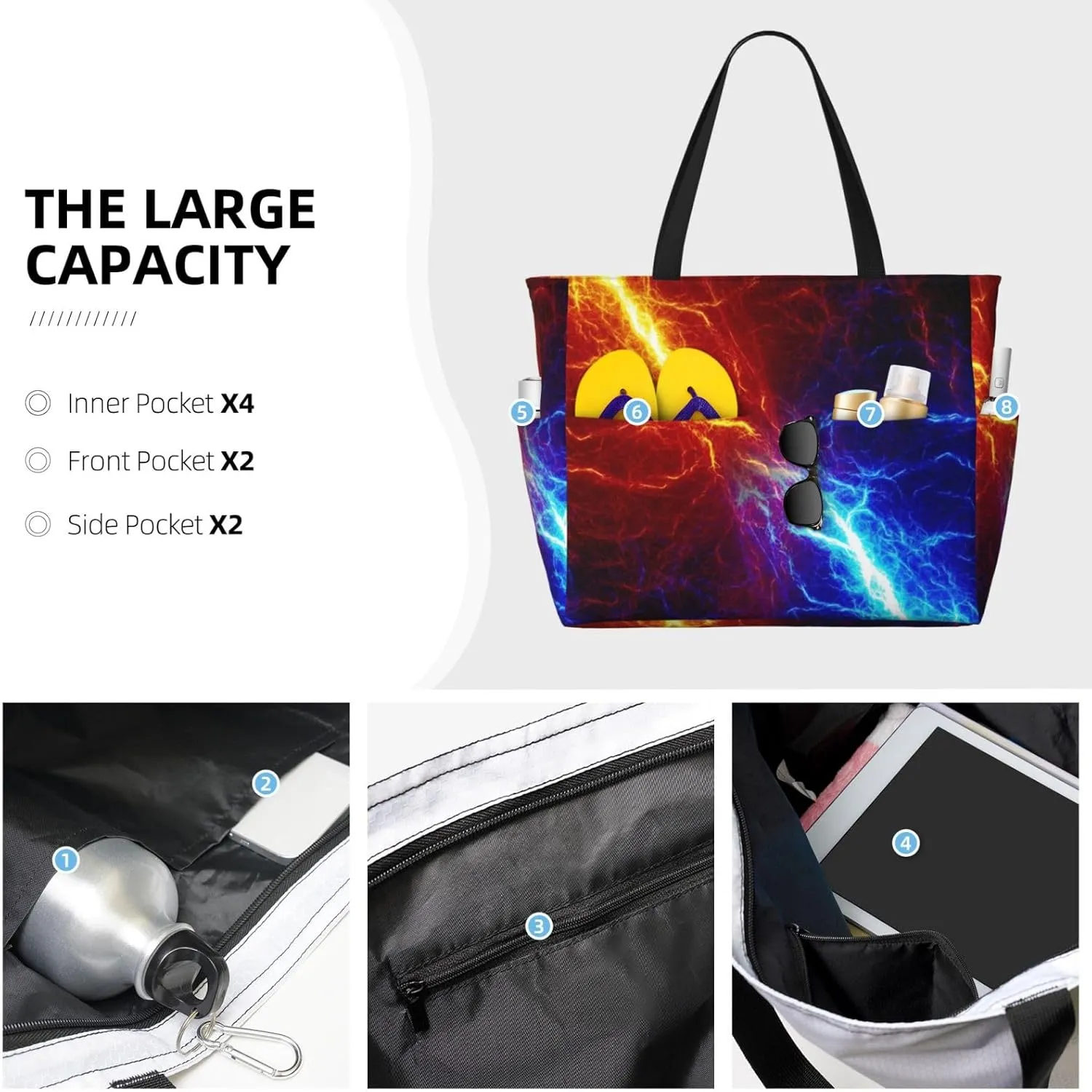 Red Blue Fire Flame Large Capacity Travel Bag Lightweight Shopping Handbag Beach Tote Bags Casual Work Bag For Women