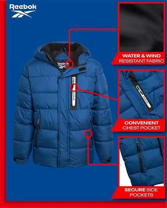 Reebok Boys Puffer Jacket - Heavyweight Weather Resistant Quilted Jacket for Boys - Fleece Insulated Winter Jackets with Hood