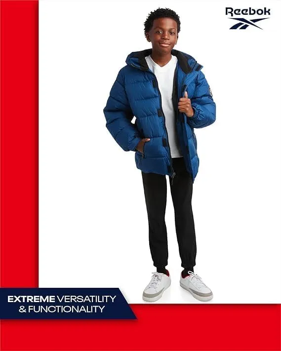 Reebok Boys Puffer Jacket - Heavyweight Weather Resistant Quilted Jacket for Boys - Fleece Insulated Winter Jackets with Hood