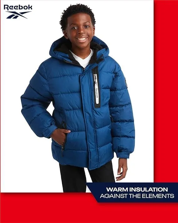 Reebok Boys Puffer Jacket - Heavyweight Weather Resistant Quilted Jacket for Boys - Fleece Insulated Winter Jackets with Hood