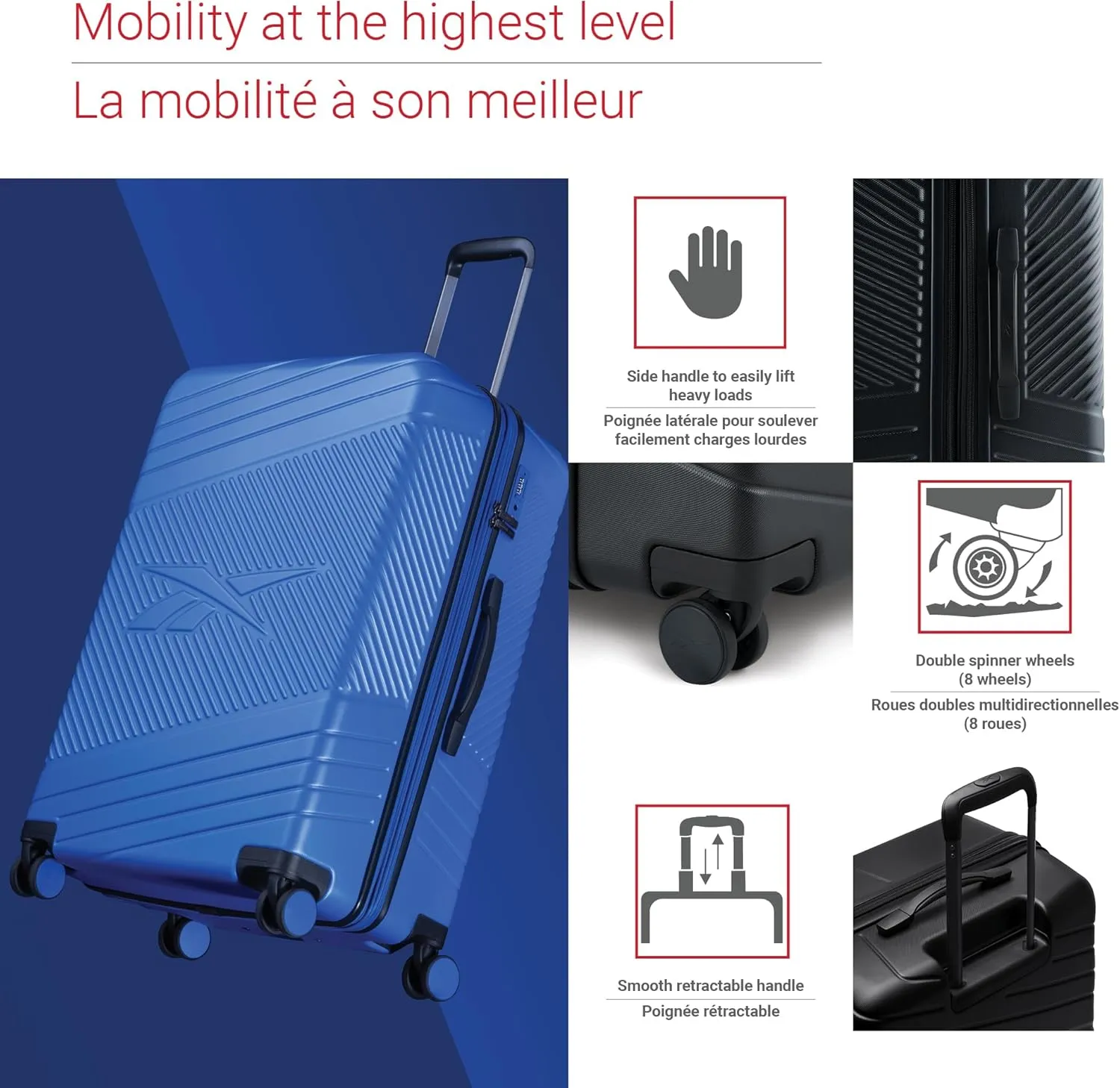 Reebok Go Collection 20 Inch Hard Shell Spinner Carry On Luggage for Airplanes, ABS/PC Hardside Suitcase with 360-Degree Spinner Wheels, Retractable Handle, Airline Approved, Black