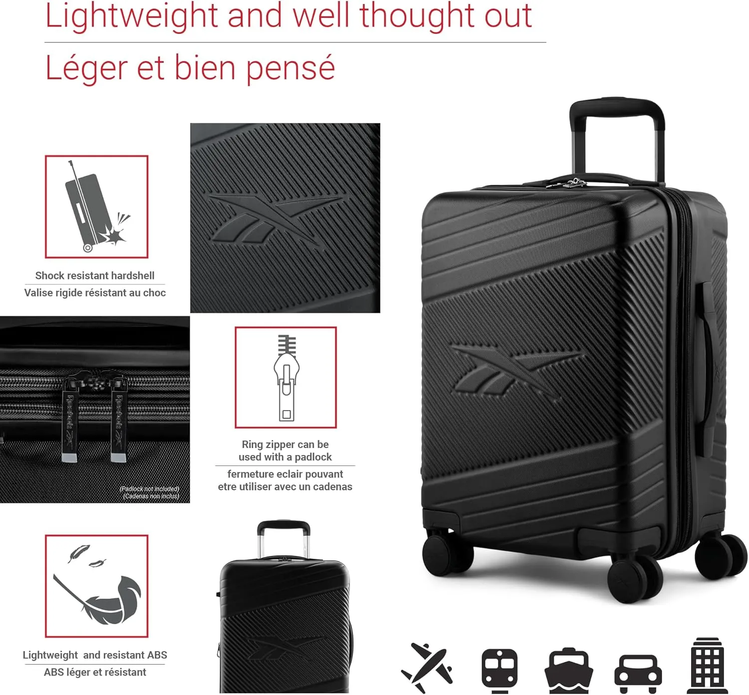 Reebok Go Collection 20 Inch Hard Shell Spinner Carry On Luggage for Airplanes, ABS/PC Hardside Suitcase with 360-Degree Spinner Wheels, Retractable Handle, Airline Approved, Black