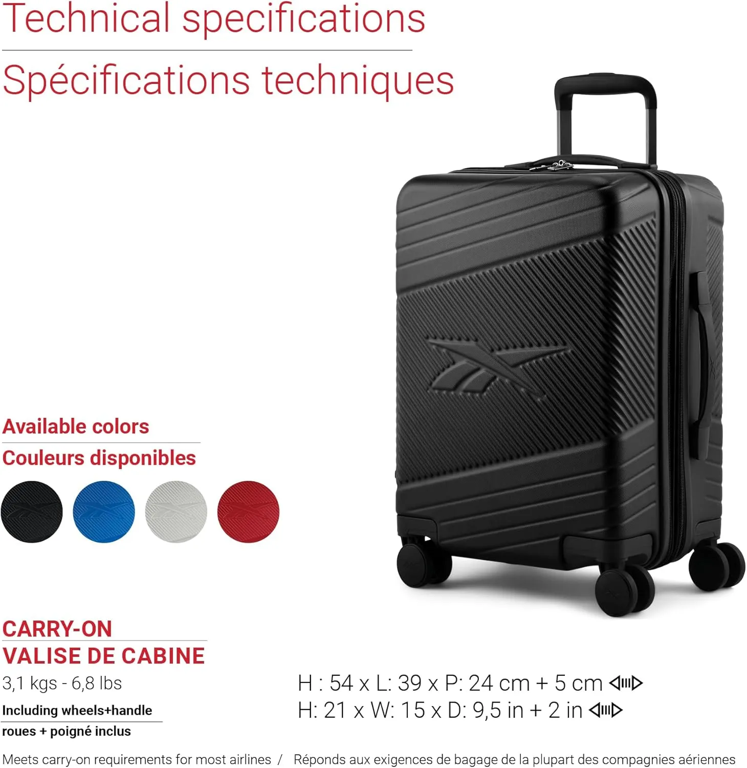 Reebok Go Collection 20 Inch Hard Shell Spinner Carry On Luggage for Airplanes, ABS/PC Hardside Suitcase with 360-Degree Spinner Wheels, Retractable Handle, Airline Approved, Black