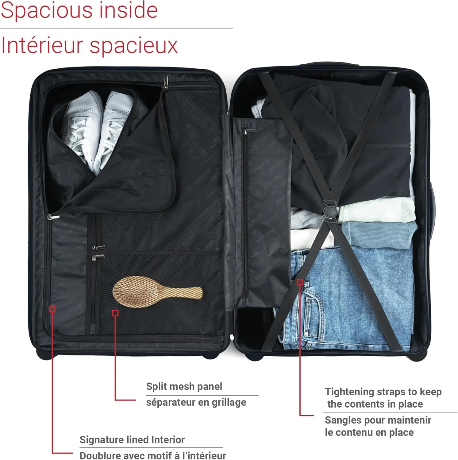 Reebok Go Collection 20 Inch Hard Shell Spinner Carry On Luggage for Airplanes, ABS/PC Hardside Suitcase with 360-Degree Spinner Wheels, Retractable Handle, Airline Approved, Black