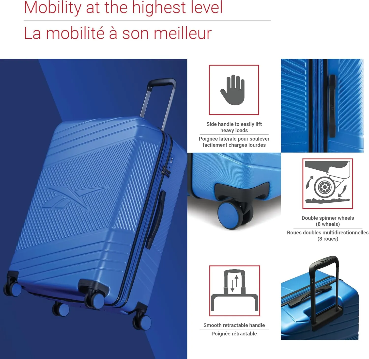 Reebok Go Collection 20 Inch Hard Shell Spinner Carry On Luggage for Airplanes, ABS/PC Hardside Suitcase with 360-Degree Spinner Wheels, Retractable Handle, Airline Approved, Blue