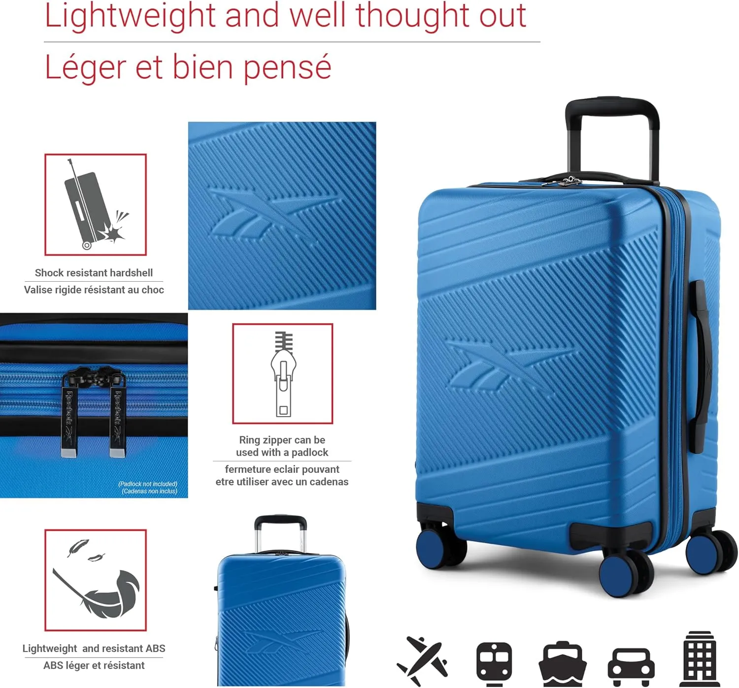 Reebok Go Collection 20 Inch Hard Shell Spinner Carry On Luggage for Airplanes, ABS/PC Hardside Suitcase with 360-Degree Spinner Wheels, Retractable Handle, Airline Approved, Blue