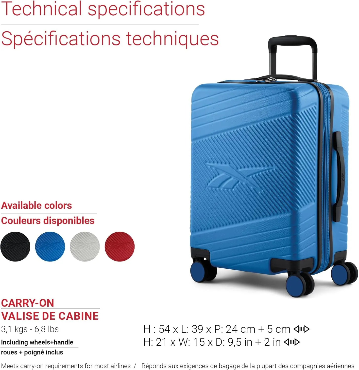 Reebok Go Collection 20 Inch Hard Shell Spinner Carry On Luggage for Airplanes, ABS/PC Hardside Suitcase with 360-Degree Spinner Wheels, Retractable Handle, Airline Approved, Blue