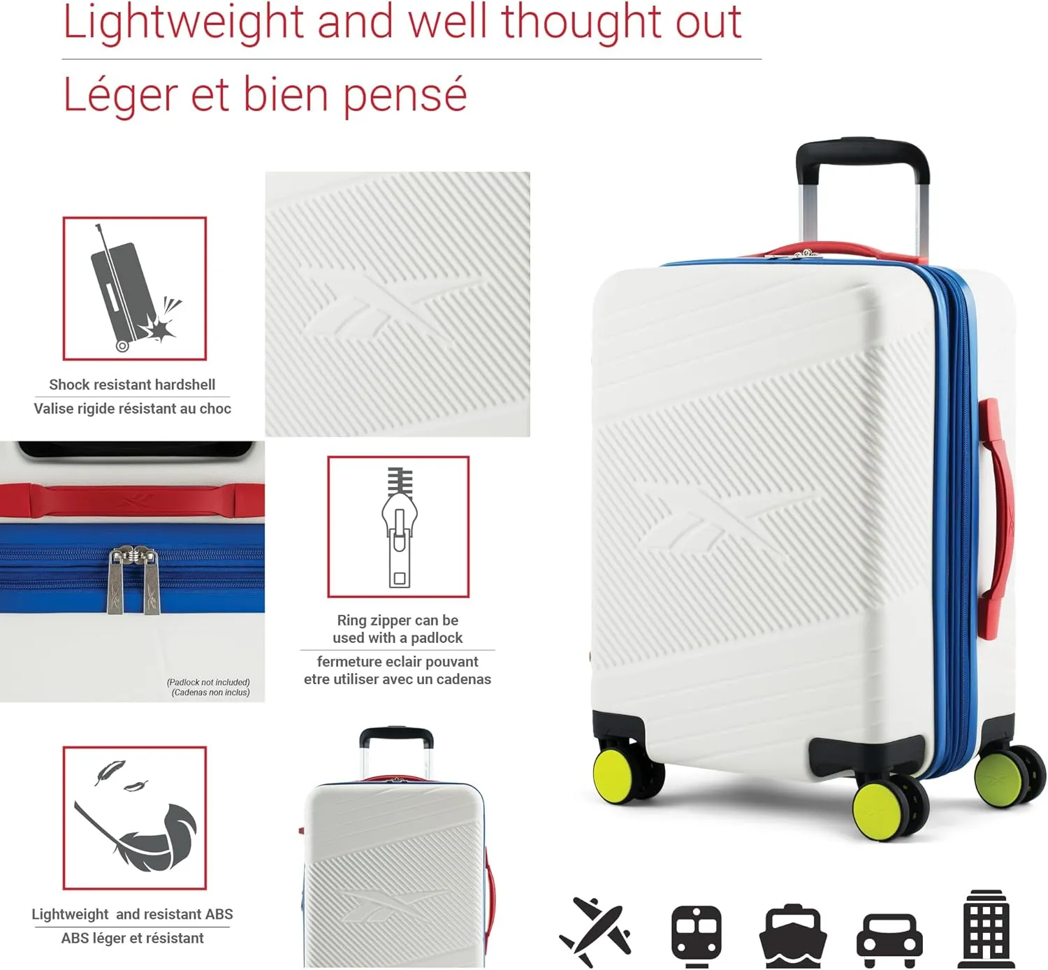Reebok Go Collection 20 Inch Hard Shell Spinner Carry On Luggage for Airplanes, ABS/PC Hardside Suitcase with 360-Degree Spinner Wheels, Retractable Handle, Airline Approved, White