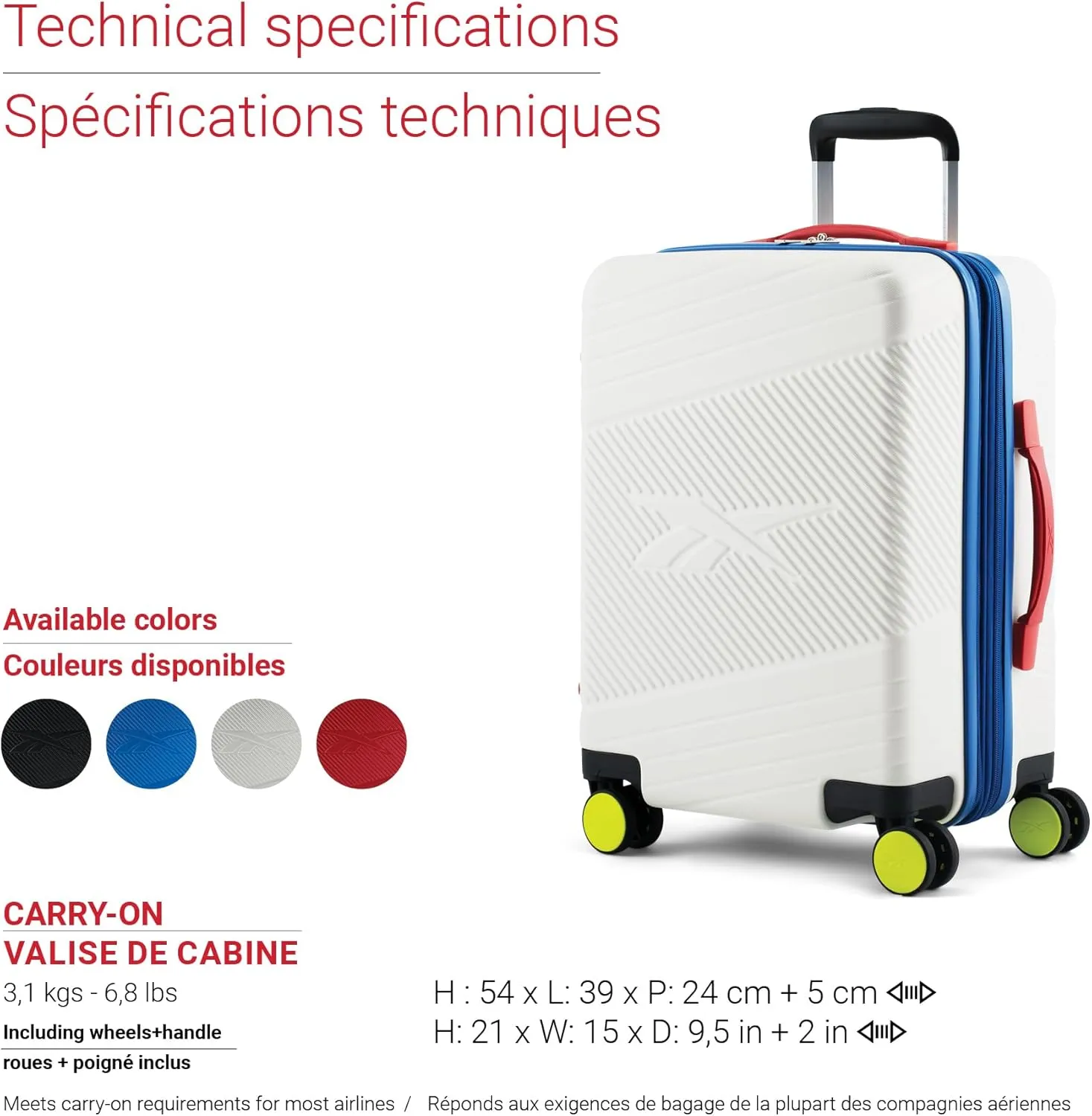 Reebok Go Collection 20 Inch Hard Shell Spinner Carry On Luggage for Airplanes, ABS/PC Hardside Suitcase with 360-Degree Spinner Wheels, Retractable Handle, Airline Approved, White