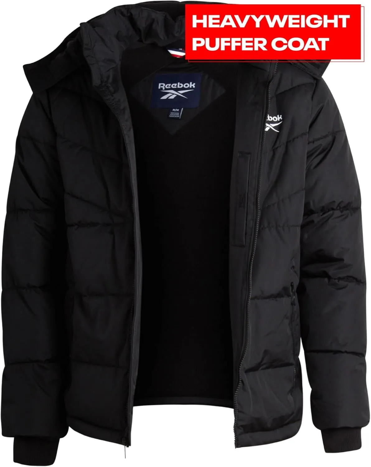 Reebok Mens Puffer Jacket - Heavyweight Quilted Parka Mens Jacket with Hood - Weather Resistant Ski Winter Jackets for Men