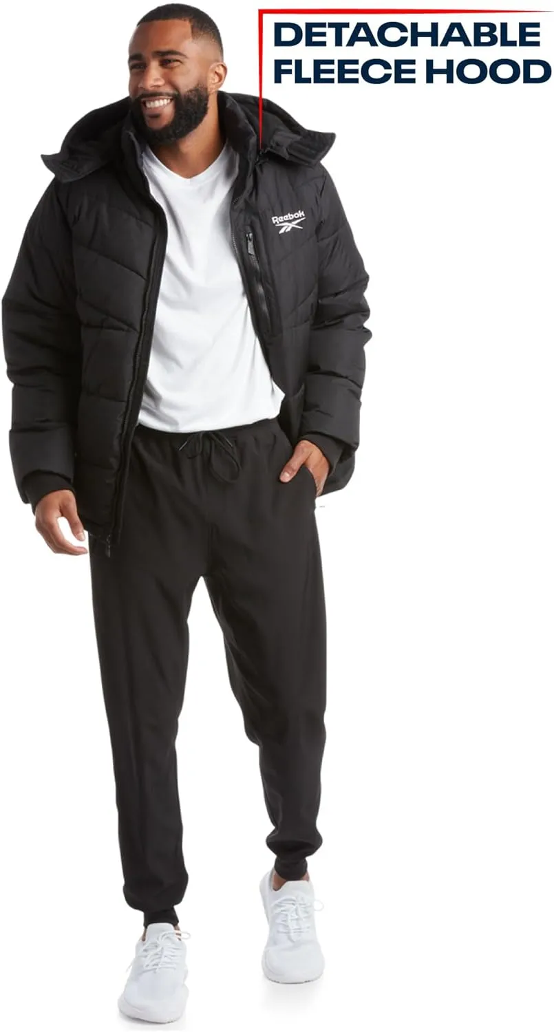 Reebok Mens Puffer Jacket - Heavyweight Quilted Parka Mens Jacket with Hood - Weather Resistant Ski Winter Jackets for Men