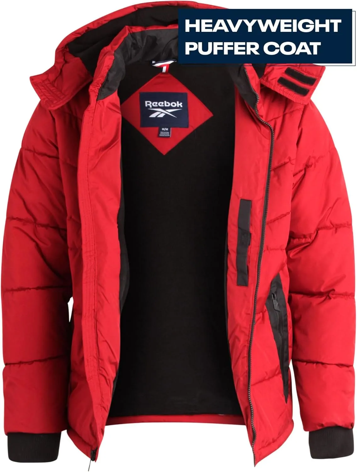 Reebok Mens Puffer Jacket - Heavyweight Quilted Parka Mens Jacket with Hood - Weather Resistant Ski Winter Jackets for Men